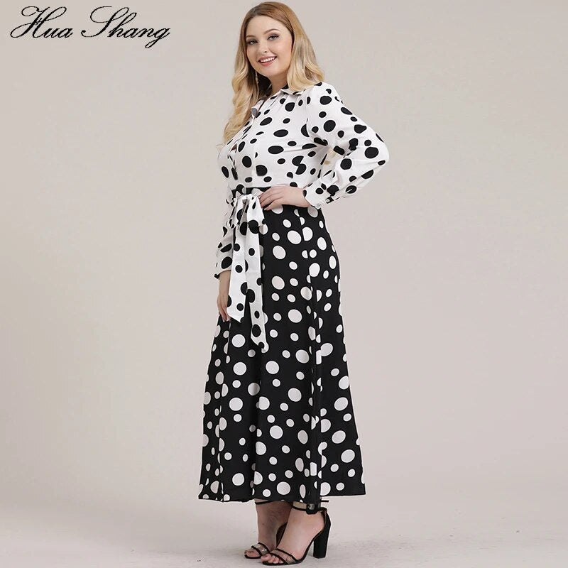 5XL Plus Size Dress Women 2019 Autumn Long Sleeve Polka Dot Print Shirt Dress White And Black Contrast Color Maxi Long Dresses