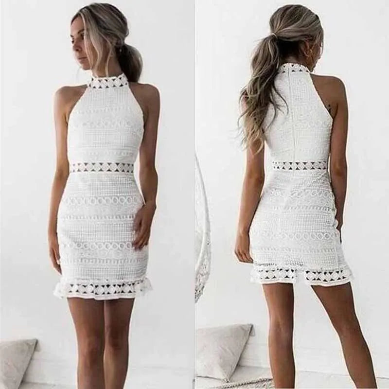 Hollow Out White Dress Sexy Women Mini Chiffon Dress Plunge round-Neck Sleeveless Crochet Lace Dress Black