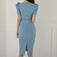 Office Lady Dress 2022 Summer High Waist Tight Dress V-Neck Puff Sleeve Decorated Single-Breasted Button Denim Dress