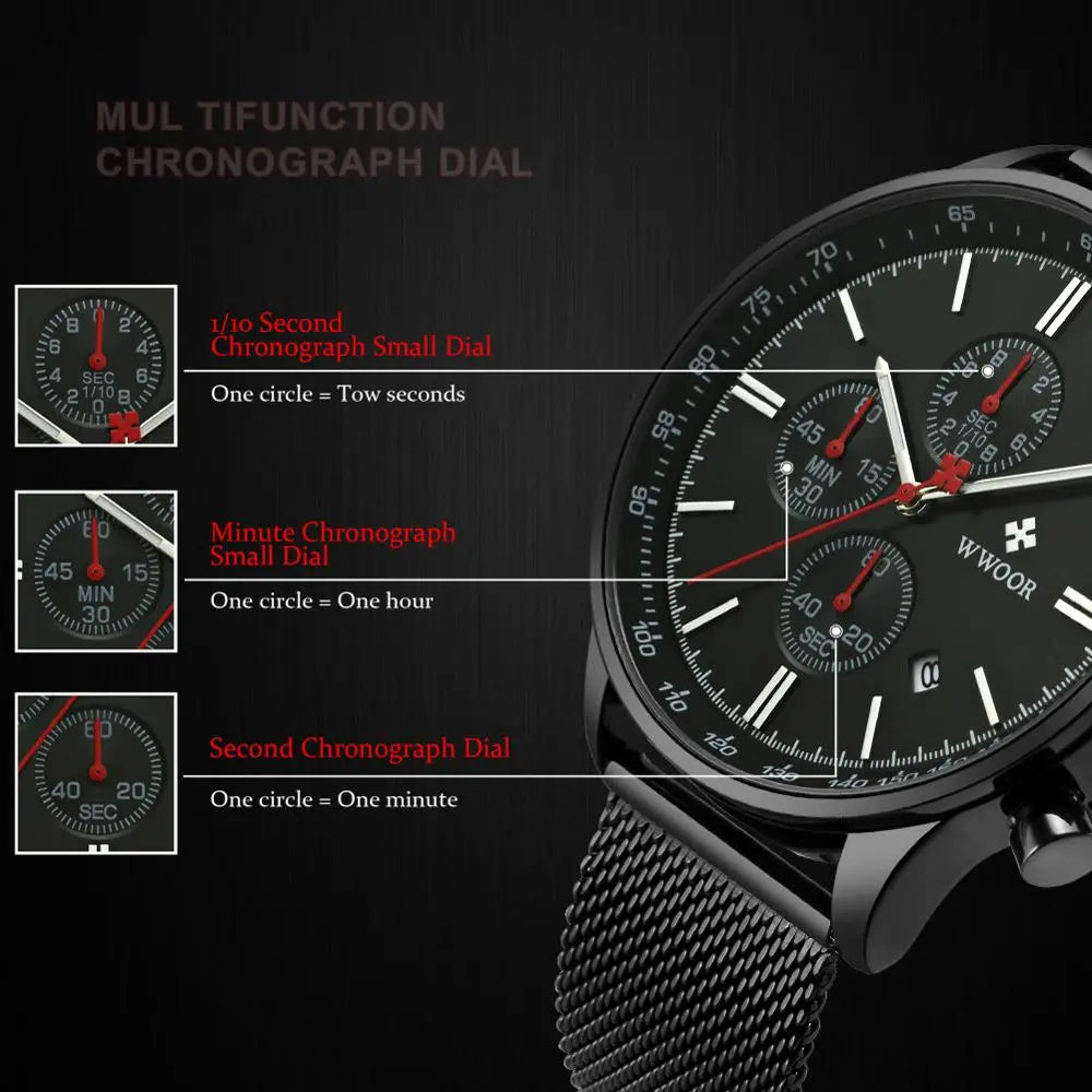 WWOOR Full Steel Fashion Quartz Watches Mens 2022 Top Luxury Multifunction Sport Business Male Wristwatch Waterproof Chronograph