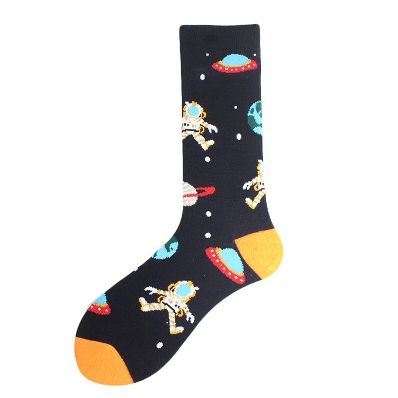 Happy Funny Unisex Painting UFO Astronaut Outer Space Rocket Star War Men Crew Socks Streetwear Cotton Male Skateboard Dress