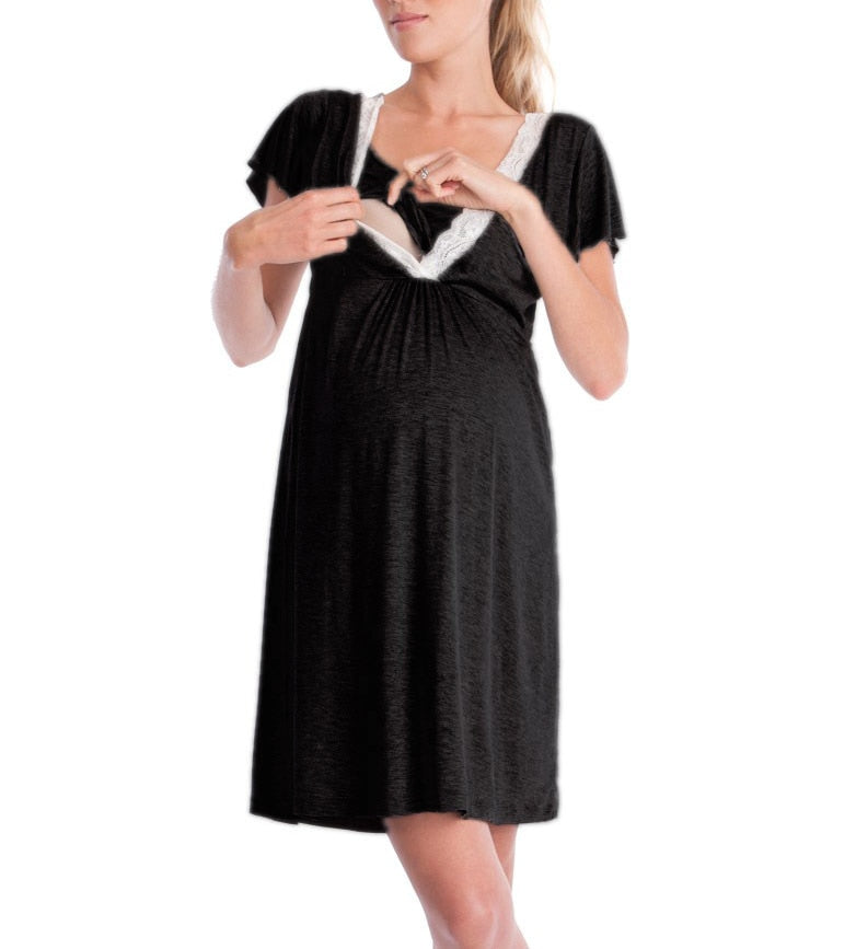 Maternity Lace Deep V-neck Breastfeeding Dress Pregnant Women Nursing Dress Pajamas Maternity Fashhion Sleepwear Nightgown