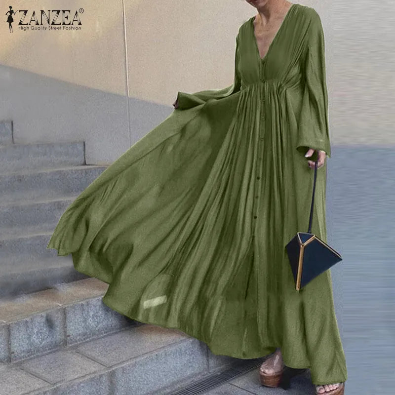 Vintage Solid Shirt Dress Women Spring Sundress ZANZEA Casual Long Sleeve Maxi Vestidos Female V neck Baggy Robe  7