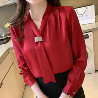 Korean Women Shirts Chiffon Blouses for Women Long Sleeve Shirts Tops Woman Ribbon Blouse Tops Fashion Woman Bow Tie Shirt XXL