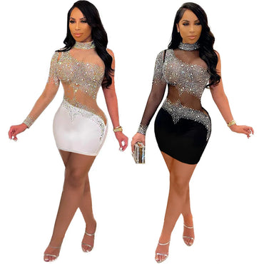 Slim Fit Women's Dress for Nightclub Parties Strapless Hip Wrap Ruched Hot Diamond High Collar Long Sleeve Ladies' Sexy Dress