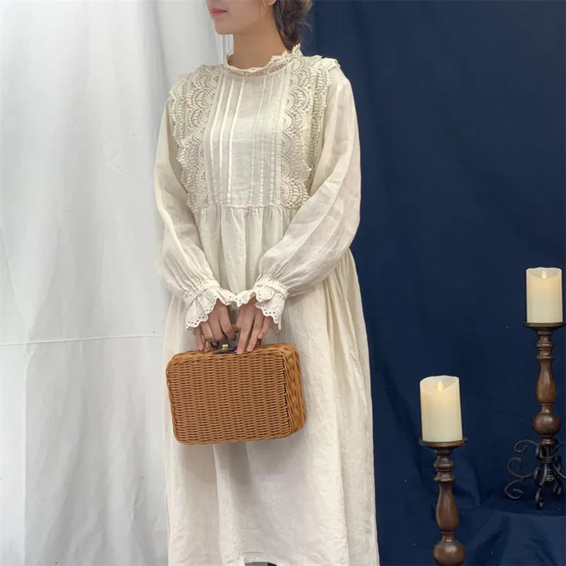 Johnature New Vintage Cotton Linen Embroidery Hollow Out Women Dresses 2023 Summer  Solid Color Ruffles Dress