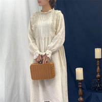Johnature New Vintage Cotton Linen Embroidery Hollow Out Women Dresses 2023 Summer  Solid Color Ruffles Dress