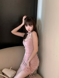 Sexy Solid Halter Neck Sleeveless Ruched Bodycon Dress New Summer Fashion Pink Club Party Mini Dresses