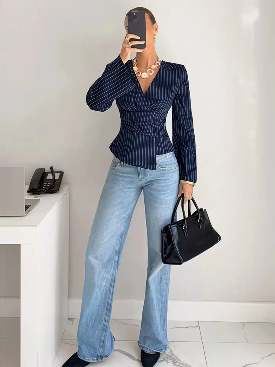 2026 Women's Fashion Striped V-neck Shirt Long Sleeved Waist Cinched Shirt Pullover