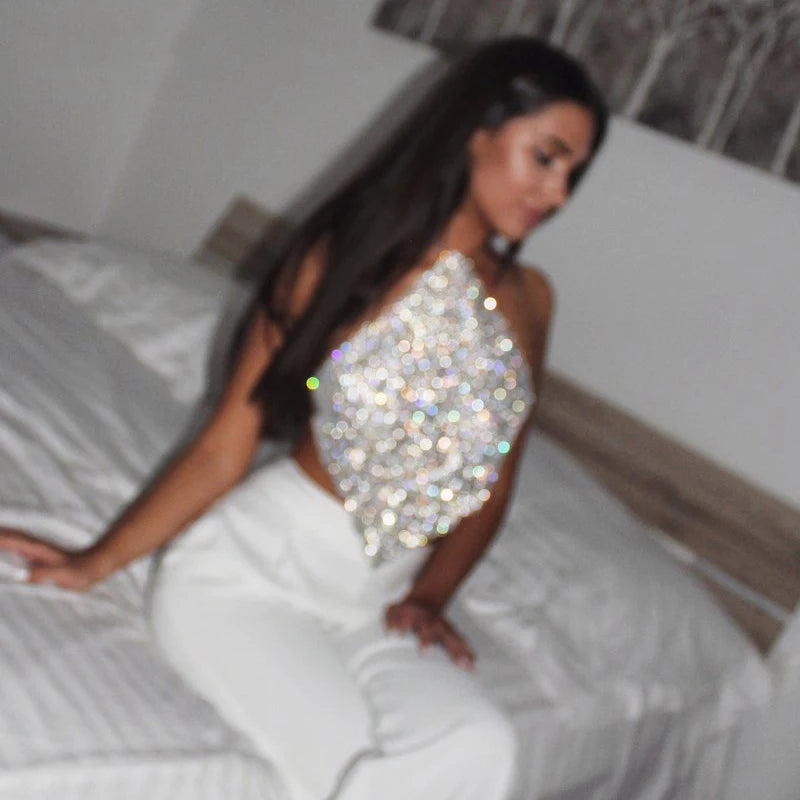 Glitter Crystal Diamonds See Through Backless Tank Top Women Adjustable Metal Chain Rhinestone Hollow Out Sleeveless Crop Tops