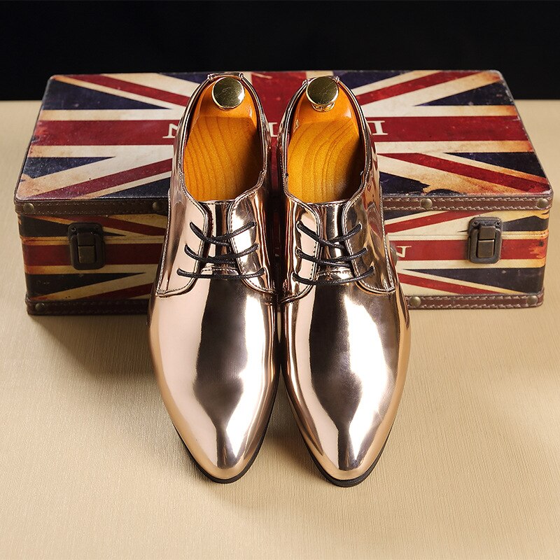 Patent Leather Men Wedding Shoes Gold Blue Red White Oxfords Shoes Designer Pointed Toe Dress Shoes Big Size 37-48