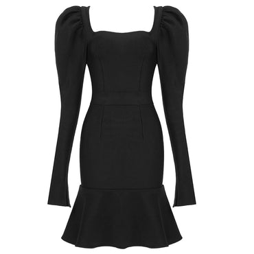 Sexy Women Winter Sexy Long Sleeve Square Collar Black Pleated Mini Bodycon Bandage Dress