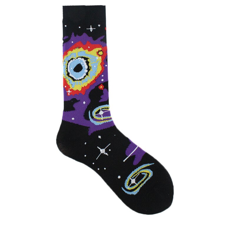 Happy Funny Unisex Painting UFO Astronaut Outer Space Rocket Star War Men Crew Socks Streetwear Cotton Male Skateboard Dress