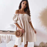 Women Sexy Backless Midi Dress 2022 Summer Fashion Lady Slash Neck White Puff Sleeve Big Swing Party Beach Dresses Casual Robe