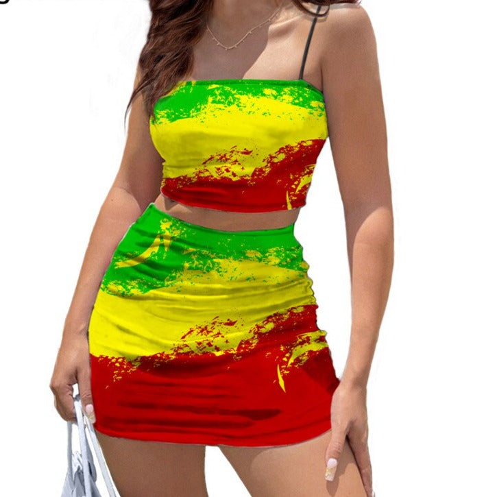 Lion Print Jamaica Flag Pattern Sexy Stylish Women Mini Dress Halter Spaghetti Strap