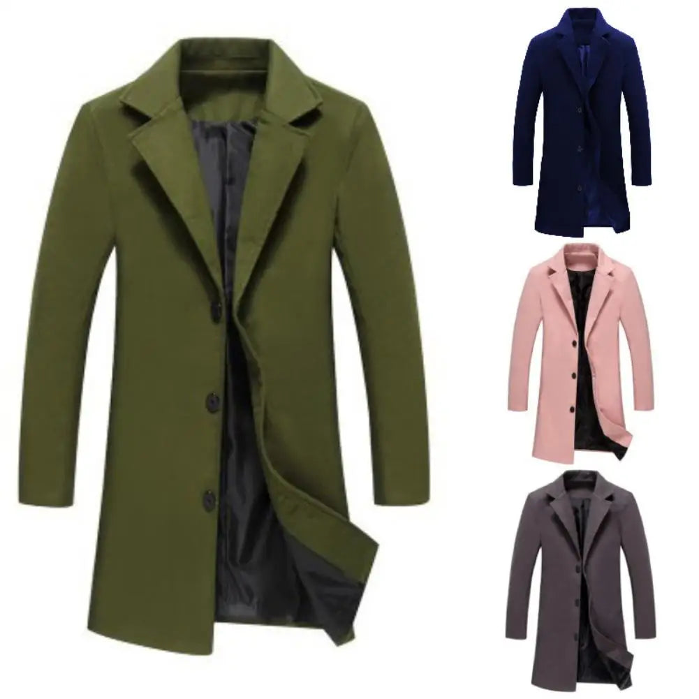 Fashion Men Jacket Winter Solid Color Long Woolen Coat Single Breasted Jacket Overcoat Men's long stand-up collar coat