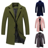 Fashion Men Jacket Winter Solid Color Long Woolen Coat Single Breasted Jacket Overcoat Men's long stand-up collar coat