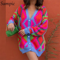 Sampic Winter Women Basic V Neck Oversized Knitwear Argyle Cardigans Green 2021 Autumn Fashion Y2K Knitted Sweater Cardigans