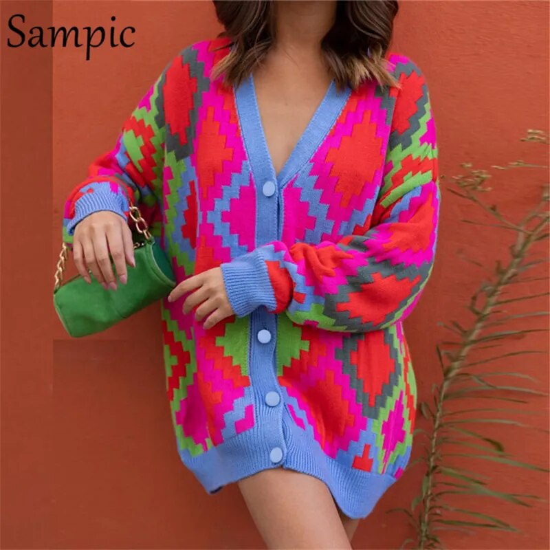 Sampic Winter Women Basic V Neck Oversized Knitwear Argyle Cardigans Green 2021 Autumn Fashion Y2K Knitted Sweater Cardigans