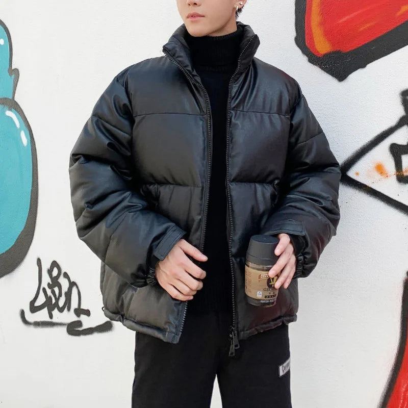 Hybskr Thicken Solid Color Mens Parkas Oversized Warm Winter Leather Coats Harajuku Fashion Male Loose Cotton Padded Jackets