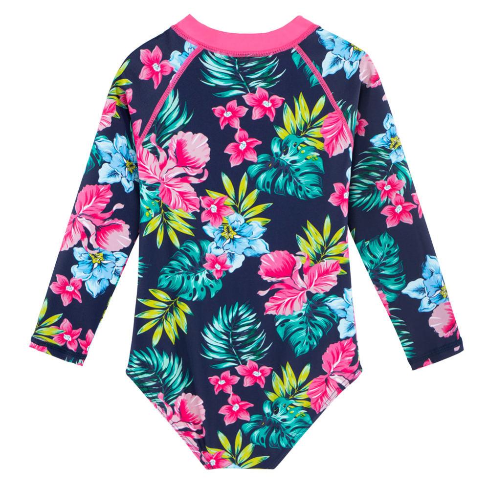 BAOHULU Navy Floral Girls Swimwear Kids Long Sleeve One Piece Beach Swimming Suit