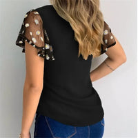 Women Ruffles Short Sleeve T-Shirt Summer Fashion Casual Flower Embroidery Cutout Mesh Sheer Tops Slim Vintage Pullover Tee