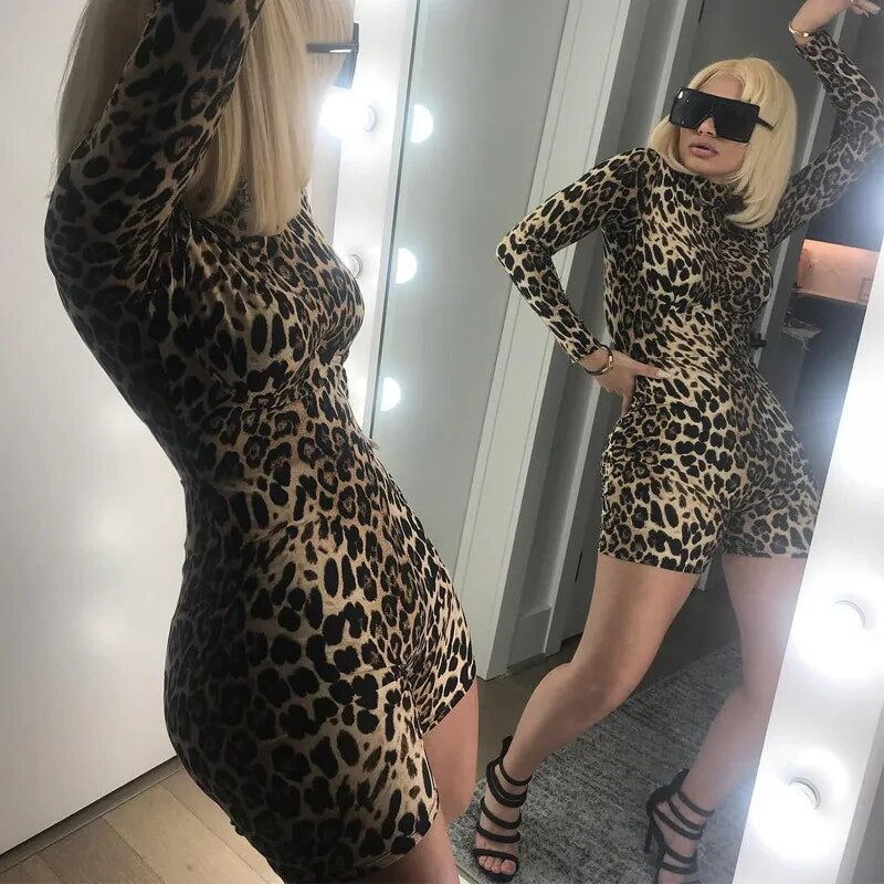 ANJAMANOR Cheetah Print Sexy Rompers Playsuit Fall Clothes for Women Clubwear High Neck Long Sleeve Bodycon Jumpsuit D70-BD18