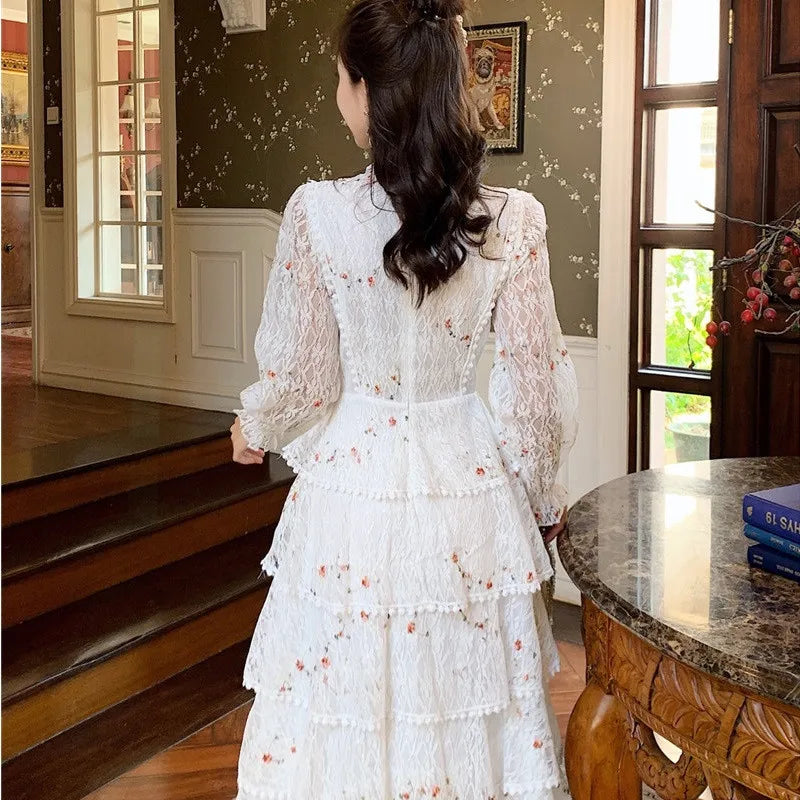 Summer Lace Flower Embroidery Long Cake Dress Women A-Line Long Sleeve Six Layers Ruffles Dress Runway Elegant Party Dress A383