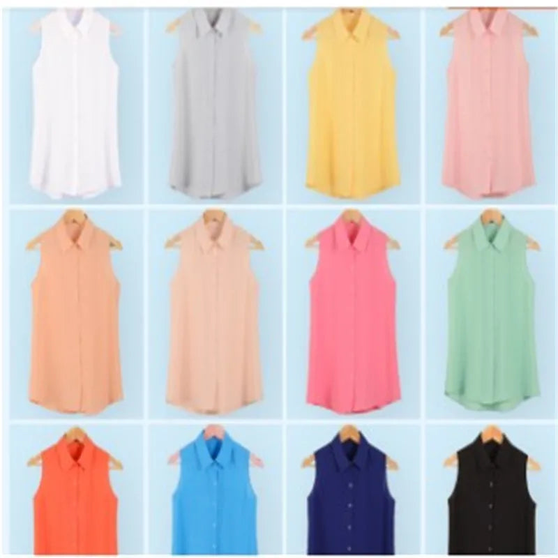 New Fashion Work Wear Office Tops Blouses Summer Turn Down Sleeveless Women Chiffon Shirt Slim Shirts Colors Female Camisa Vest