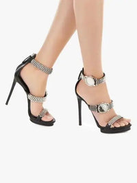 2021 Luxury Gold Metal High Heel Sandals Women Watch Buckle Stilettos Pumps Sandals Summer Sexy Open Toed Catwalk Party Heels