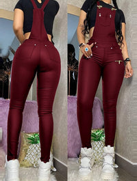 Women Sexy One Piece Outfits PU Jumpsuits Buckled Zipper Design Suspender Jumpsuit