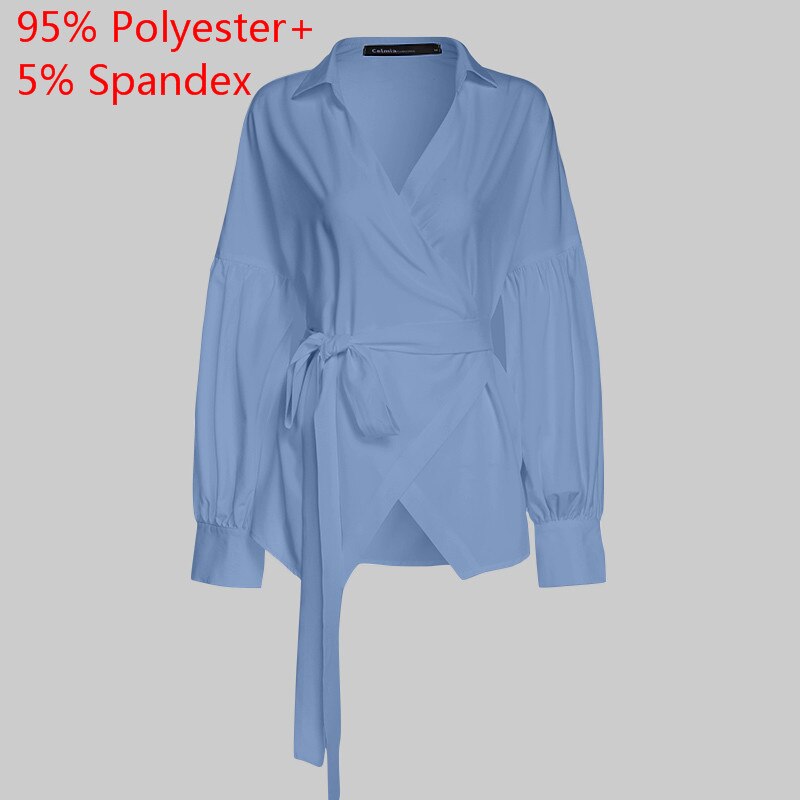 Celmia 2023 Fashion Women Blouse Elegant Lantern Sleeve Tunic Shirts Summer Casual Belted Solid Sexy V-Neck Tops Elegant Blusas