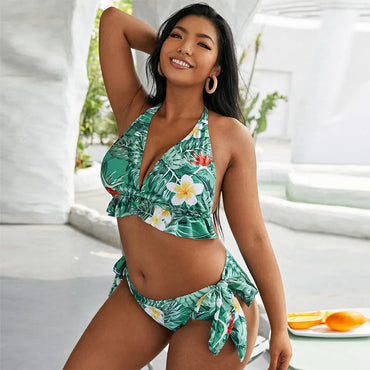 Large Size Bikini Set Large Cup Swimwear Women Retro Halter Neck Cross Swimming Suit Big Size Swimsuit Plus Size Bikini