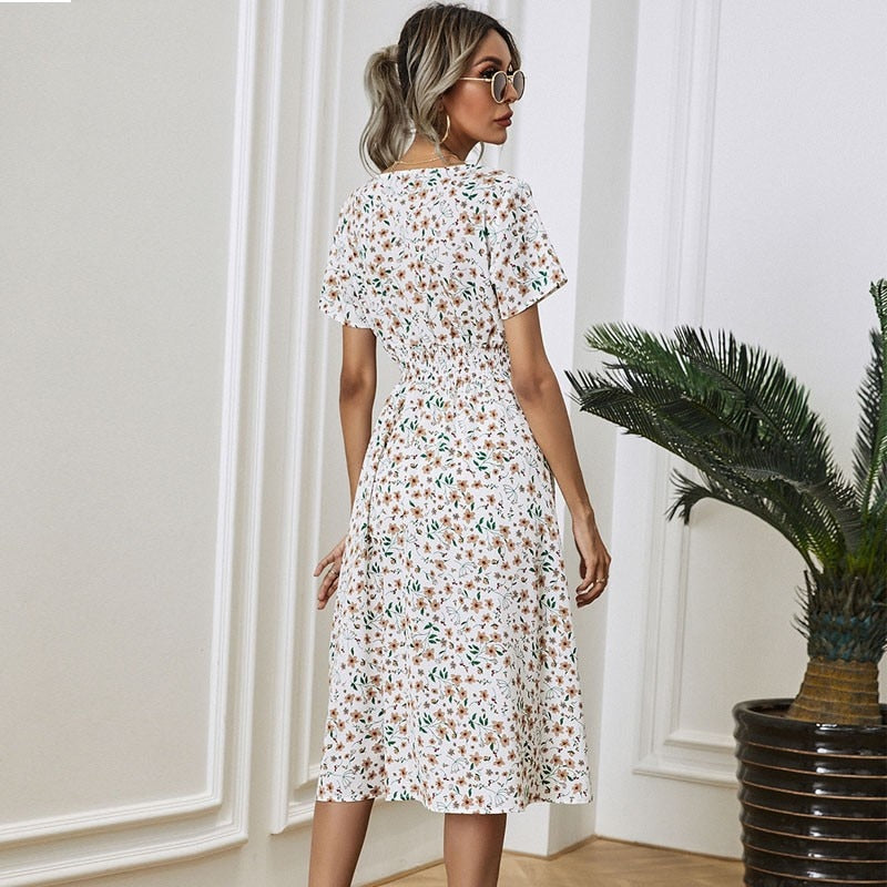 White Floral Printing Summer Chiffon Beach Dress 2022 Casual V-neck Short Sleeve A-line Women Midi Dresses Vestidos