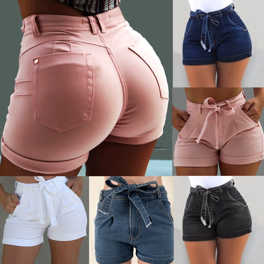 Fashion High Waist Denim Shorts Women Summer Skinny Belted High Waist Washed Jeans Women Shorts