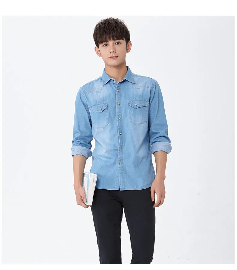 Men's Slim Denim Shirt 2022 Spring Luxury High Quality Cotton Square Collar Pocket Button Fashion Long Sleeve Jeans Shirt