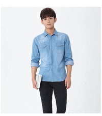 Men's Slim Denim Shirt 2022 Spring Luxury High Quality Cotton Square Collar Pocket Button Fashion Long Sleeve Jeans Shirt