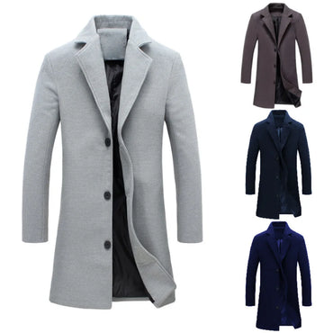Fashion Men Jacket Winter Solid Color Long Woolen Coat Single Breasted Jacket Overcoat Men's long stand-up collar coat