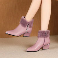 ZVQ Cute Sweet Leather Ankle Boots Winter Warm Chelsea Booties Pink Black Purple Party 5cm High Heels women's Shoes