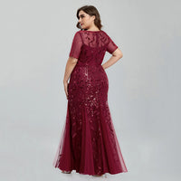 Women Plus Size Sequin Mesh Embroidery Mermaid  Evening Dress Formal Short Sleeve Elegant Party Prom Gowns 2020 New Long Dress