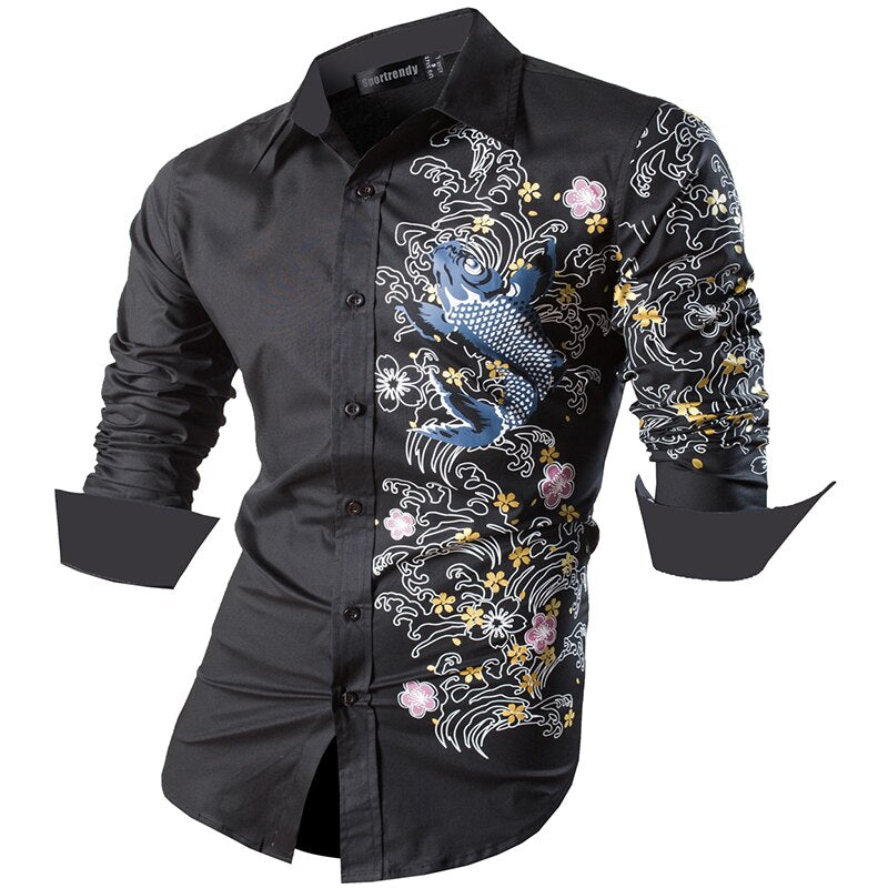 Sportrendy Men&#39;s Shirt Dress Casual Long Sleeve Fashion Dragon Stylish JZS091 Black