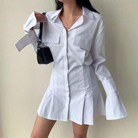 2021 Spring Long Sleeve White Pleated Shirts Women Casual Turn Down Collar Chiffon Blouse Office Lady A Line Style Vestidos Tops