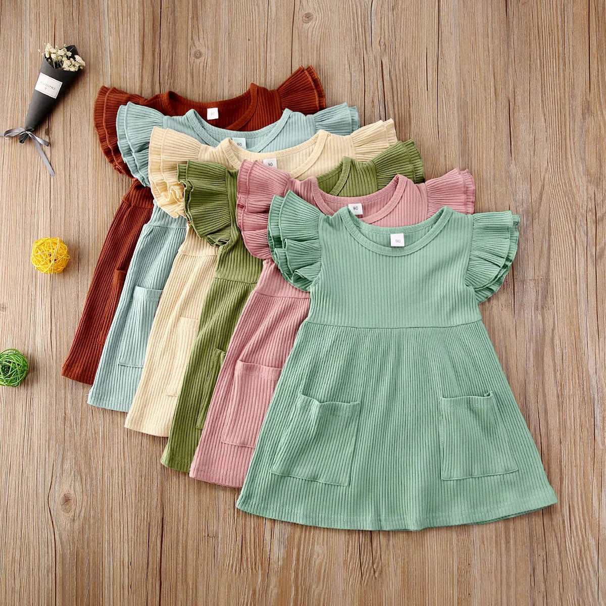 1-4Y Toddler Baby Girls Holiday Cute Dress Solid Ruffles Sleeve Pocket Knee Length A-Line Dress 6Colors