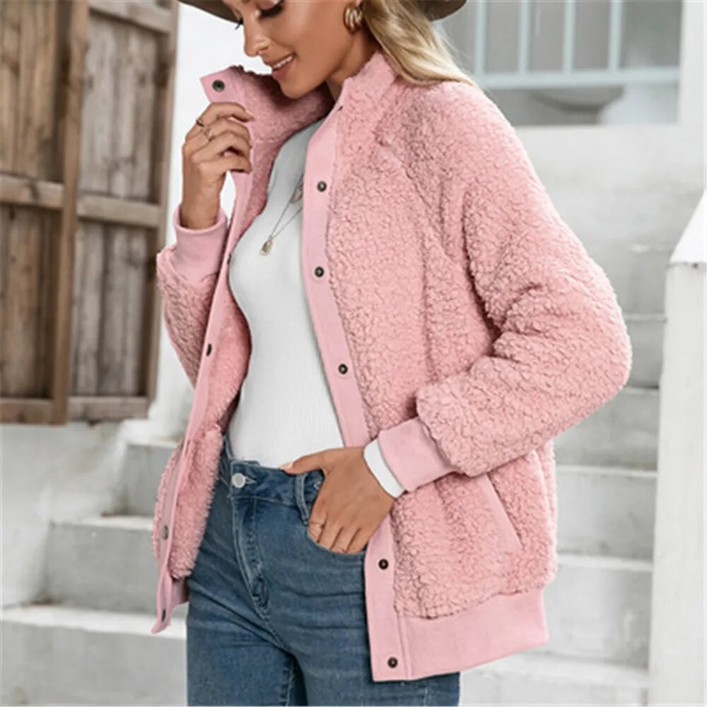 New White Winter Women Teddy Bear Coat Stand Collar Loose Plush Jacket Zipper Solid Warm Outwear Faux Lamb Coats