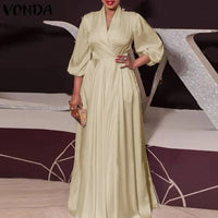 Plus Size Satin Slik Dress 2023 VONDA Sexy V Neck Long Sleeve Solid Dresses Bohemian Vestidos Loose Beach Sundress 5XL Oversize