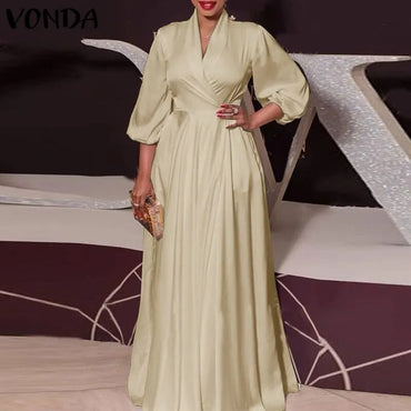 Plus Size Satin Slik Dress 2023 VONDA Sexy V Neck Long Sleeve Solid Dresses Bohemian Vestidos Loose Beach Sundress 5XL Oversize