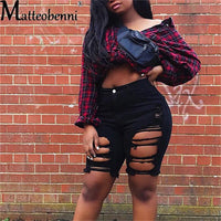 Sexy Knee Length Ripped Denim Shorts Women Push Up Stretch High Waist Biker Short Jeans Ladies 2021 Summer Street Black Shorts