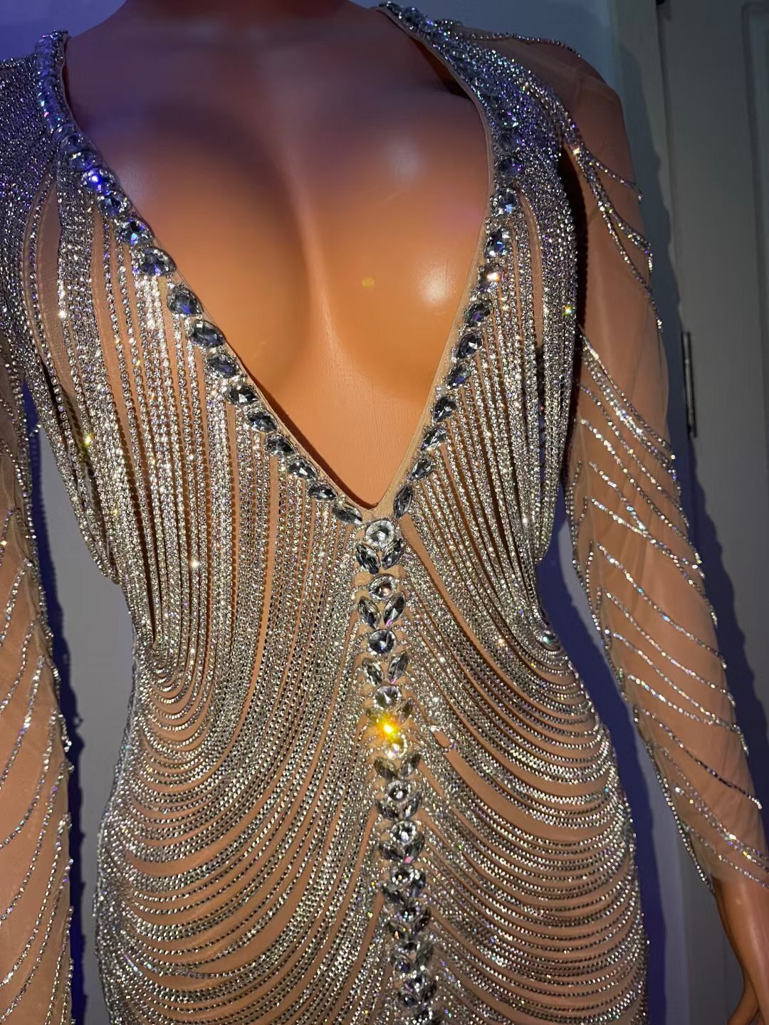 Sparkly Rhinestone V Neck Women Birthday Dress Chain Sleeve Jazz Dance –  Mega Mart Center