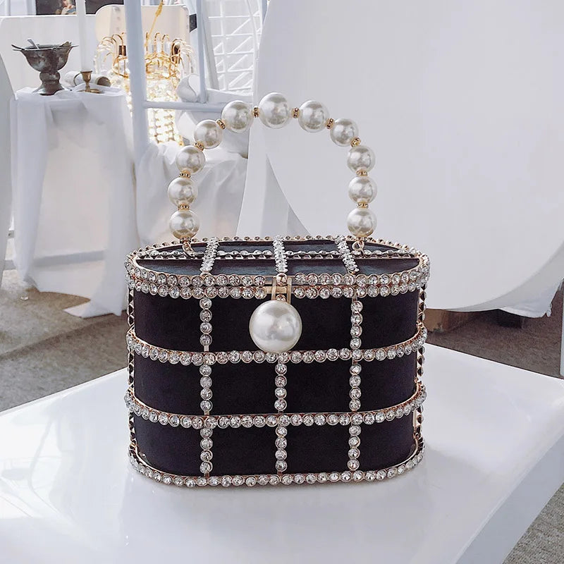 High Quality Openwork Basket Design Luxury Party Clutch Diamonds Pearls Women&#39;s Handbags Evening Bag Fashion Purses Designer Bag
