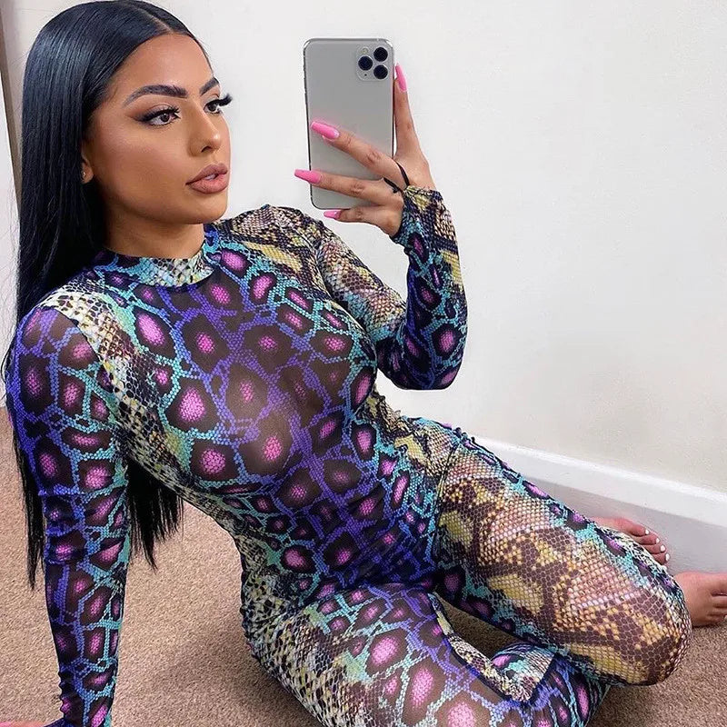 Snakeskin Print Sexy Jumpsuit Women Long Sleeve Turtleneck Bodycon Jumpsuit Rompers Autumn Club Sexy Female Streetwear